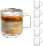 6 PACK Premium Glass Coffee Mugs with Handle, 12 OZ Classic Vertical Stripes Glass Coffee Cups, Transparent Tea Cup for Hot/Cold Beverages, Glassware Set for Americano, Latte, Cappuccino - Image 2