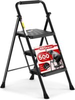 HBTower Step Ladder, Folding Step Stool with Wide Anti-Slip Pedal, Sturdy Steel Ladder, Convenient Handrail, Lightweight, Portable Steel Step Stool - Image 2