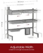 Dish Drying Rack - Over The Sink Dish Drainer Drying Rack with Utensil & Knife Holder, Hooks, Stainless Steel Kitchen Organizers and Storage Solution, 11.8" D x 31.5"~39.0''W x 30" H, Gray - Image 4