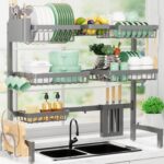 Dish Drying Rack - Over The Sink Dish Drainer Drying Rack with Utensil & Knife Holder, Hooks, Stainless Steel Kitchen Organizers and Storage Solution, 11.8" D x 31.5"~39.0''W x 30" H, Gray - Image 2