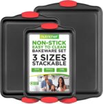 NutriChef 3-Piece Nonstick Kitchen Oven Baking Pans - Premium & Stylish Non-Stick Steel, Commercial Grade Restaurant Quality Metal Bakeware with Red Silicone Handles - Easy to Clean, NCSBS3S - Image 2