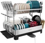 SUNLY 2 Tier Dish Drying Rack, Extra Large Dish Rack, Multifunctional Large Dish Drainers for Kitchen Counter, 304 Stainless Steel Kitchen Drying Rack, Bowl Drying Rack, Extendable Drain Spout, Black - Image 2