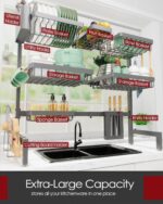 Dish Drying Rack - Over The Sink Dish Drainer Drying Rack with Utensil & Knife Holder, Hooks, Stainless Steel Kitchen Organizers and Storage Solution, 11.8" D x 31.5"~39.0''W x 30" H, Gray - Image 3