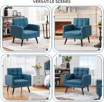 Yaheetech Mid-Century Accent Chairs, Modern Upholstered Living Room Chair, Cozy Armchair Button Tufted Back and Wood Legs for Bedroom/Office/Cafe, Navy Blue - Image 6