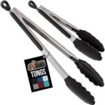 GORILLA GRIP Stainless Steel Heat Resistant Kitchen Tongs for Cooking, Set of 2 BBQ Tong, Non Scratch Silicone Tip for Pans, Strong Grip, Grab Food, Toss Salad, Air Fryer, Pull Lock, 7 + 9 Inch, Black - Image 2