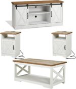 AMERLIFE 4-Piece Farmhouse Table Set Includes Sliding Barn Door TV Stand, Coffee Table& Two End Tables, Side Table with Charging Station and USB Ports, for Living Room, Distressed White, 66" - Image 2