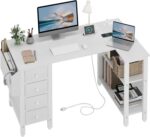 Lufeiya White L Shaped Computer Desk with Drawers & Storage Shelves, 47 Inch Corner Reversible Desk with Power Outlet for Home Office Bedroom, L-Shaped Teen PC Desks with Fabric Drawer, White - Image 2