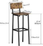 GILLAS Set of 2 Bar Stools, Tall Bar Stool with Backrest and Footrest, Tall Bar Chairs, Industrial Style Counter Height Bar Stool for Dining Room, Kitchen, Rustic Brown - Image 3