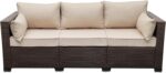WAROOM Patio Couch PE Wicker 3-Seat Outdoor Brown Rattan Sofa Deep Seating Furniture with Non-Slip Beige Cushion - Image 2