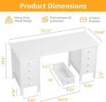 White Computer Desk with Drawers on Both Sides for Home Office, 55 inch Girls Teens Desks with Storage Writing Study Table for Bedroom, Makeup Vanity Desks Without Mirror,8 Fabric Drawer - Image 4