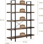 Heavy Duty 5-Tier Industrial Bookcase, 47" Wide Wood Bookshelf for Home Office, 120lbs Shelf Capacity, Rustic Open Shelving Display with Reinforced Horizontal Shelf for Living Room Bedroom - Image 3