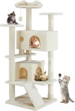 DUMOS 54-inch Indoor Cat Tree Tower –Multi-Level Pet House for Large Cats with 2 Condos, Scratching Posts, Round Platform, Small Ladder, and Toys, Beige - Image 2