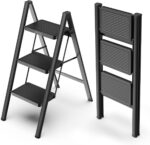 WOA WOA 3 Step Ladder, Folding Step Stool with Non-Slip Pedals, Portable Stepping Stool for Adults, Sturdy Steel Ladder, Space Saving for Home, Anti Skid Feet, Support 330lbs - Black - Image 2