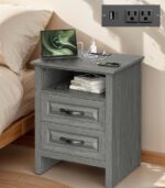 Marsail Farmhouse Nightstand with Charging Station, Bedside Table with 2 Drawers Storage and Open Shelf, Bedside Cabinet for Bedroom, Rustic Side Table, Gray - Image 2