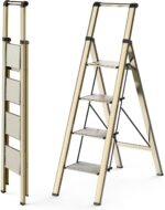 WOA WOA 4 Step Ladder, Ladders for Home, Anti-Slip Pedals, Aluminum Step Stool Foldable, Lightweight to Move, Ease of Storage, Reach 9ft for Closet Kitchen Library, Hold 300lbs - Gold - Image 2