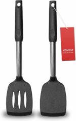 2 Pack Spatulas, Solid & Slotted Silicone Spatula Set, Stainless Steel Handle Coated with Silicone, Non Stick Turners, Heat Resistant Rubber Spatulas for Fish, Eggs, Pancakes, WOK, Black - Image 2