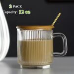 Mfacoy 2 PACK Glass Coffee Mugs with Handle & Spoon, 12 OZ Glass Coffee Cups with Bamboo Lid, Ribbed Glass Cups, Clear Tea Cup for Hot/Cold Beverages, Glassware Set for Americano, Latte, Cappuccino - Image 3