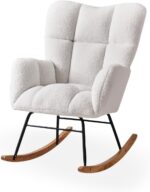 Nursery Rocking Chair, Teddy Upholstered Glider Rocker with High Backrest Armchair, Modern Rocking Accent Chairs for Nursery, Living Room, Bedroom, Offices (Ivory) - Image 9