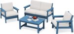 SERWALL 4 Piece HDPE Outdoor Furniture Set, All Weather Wood-Like Outdoor Sofa Sectional Couch, Bllue Patio Furniture Set with Khaki Cushions - Image 2