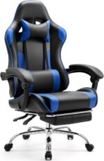 Sweetcrispy Video Game Desk Chair - Ergonomic Computer with Footrest and Comfy Lumbar Support, PU Leather Recliner with Headrest, Fixed Up Armrest, Height Adjustable with 360° Swivel, for Adults, Blue - Image 2