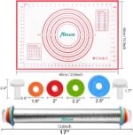 Rolling Pin and Silicone Baking Pastry Mat Set, Stainless Steel Dough Roller, Rolling Pins with Adjustable Thickness Rings, for Baking Fondant, Pizza, Pie, Pastries, Pasta, Cookies - Image 5