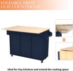 HLR Kitchen Island On Wheels, Blue Rolling Kitchen Island Cart with Solid Wood Drop Leaf Prep Table, Barn Door Kitchen Islands with Storage Cabinet and Tower Rack, Island Table for Kitchen - Image 5