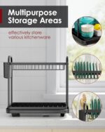 Sakugi Dish Drying Rack - Stainless Steel Dish Rack for Kitchen Counter, 2-Tier Kitchen Organizers and Storage Rack with Drainboard and Cutlery Holder, Large, Black - Image 4