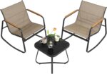 SONGMICS 3-Piece Patio Furniture Set, Garden Coversation Set, 2 Rocking Chairs, Table, Outdoor Lawn Backyard, Steel, with Armrests, Breathable Synthetic Fabric, Yellowish Brown UGGF0027K01 - Image 2