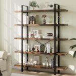 Heavy Duty 5-Tier Industrial Bookcase, 47" Wide Wood Bookshelf for Home Office, 120lbs Shelf Capacity, Rustic Open Shelving Display with Reinforced Horizontal Shelf for Living Room Bedroom - Image 2