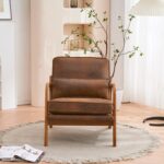 Karl home Accent Chair Mid-Century Modern Chair with Pillow Bronzing Cloth Upholstered Lounge Arm Chair with Solid Wood Frame & Soft Cushion for Living Room, Bedroom, Balcony, Brown - Image 4