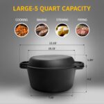 2-in-1 Pre-Seasoned Cast Iron Dutch Oven Pot with Skillet Lid Cooking Pan, Cast Iron Skillet Cookware Pan Set with Dual Handles Indoor Outdoor for Bread, Frying, Baking, Camping, BBQ, 5QT - Image 4