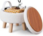 Wimarsbon Storage Ottoman, Modern Round Footrest with Soft Padded Seat, Teddy Velvet Footstool with Wood Legs, Accent Small Table or Plant Stand for Hallway, Living Room (Cream) - Image 2