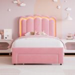Twin Upholstered LED Bed Frame with Storage Drawer and Adjustable Chic Double Wavy Headboard, Velvet Princess Platform Bed for Girls/Kids, Solid Wood Slats Support, No Box Spring Needed, Pink - Image 9