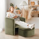 COLAMY Upholstered Velvet Barrel Accent Chair with Storage Ottoman, Morden Living Room Chair with Lounge Seat for Bedroom/Reading Spaces, Green - Image 6