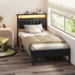 Furnulem Twin Size Bed Frame with Charging Station and LED Lights, Platform Bed with Metal Slats, Grey Upholstered Headboard with 2-Tier Storage Shelves, No Box Spring Needed - Image 8
