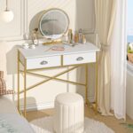 Small Vanity Desk No Mirror for Kids Bedroom, 31.5 Inch Vanity Table with Drawers, Makeup Vanity Desk for Narrow Spaces, White and Gold(No Mirror) - Image 5