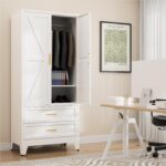 71" Tall Metal Wardrobe Cabinet with 2 Drawers and Hanging Rod, 2 Doors Armoire Wardrobe Closet with Shelf for Bedroom, Office, Laundry Room, White - Image 8