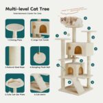 DUMOS 54-inch Indoor Cat Tree Tower –Multi-Level Pet House for Large Cats with 2 Condos, Scratching Posts, Round Platform, Small Ladder, and Toys, Beige - Image 6