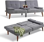 COLAMY Futon Sofa Bed-Fabric Small Couch, Small Lounge Convertible with 2 Cup Holders, Removable Soft Armrest, Adjustable Backrest for Dorm/Bedroom/College - Image 2