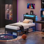 Furnulem Twin Size Bed Frame with Charging Station and LED Lights, Platform Bed with Metal Slats, Grey Upholstered Headboard with 2-Tier Storage Shelves, No Box Spring Needed - Image 6