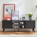 DUMOS TV Stand for 55 60 inch TV, Entertainment Center with Storage Cabinet, Mid Century Modern Media Console Table, Adjustable Hinge, Wooden Television Furniture for Living Room, Office - Black - Image 3