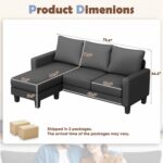 JUMMICO Couch for Small Living Room, 73" Small Sofa with Reversible Ottoman, 3 Seat L-Shaped Sofas, Comfy Couches for Apartment (Linen Fabric, Dark Grey) - Image 3