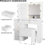 IRONCK Vanity Desk with Mirror and Lights, Small Makeup Vanity Table with 5 Drawers, Power Outlet, and Vanity Stool, 3 Lighting Colors, Dressing Table for Women Girls Bedroom, White - Image 3