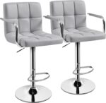 Yaheetech Bar Stools Set of 2, PU Leather Adjustable Swivel Barstools, Hydraulic Kitchen Counter Height Bar Chairs with Armrest and Back for Kitchen, Dining Room, Light Grey - Image 2