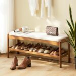 Shoe Bench Entryway Bamboo 2-Tier Shoe Rack with Cushion Padded Seat Shoe Bench Organizer Stable for Entry, Hallway, Living Room, Bedroom, Closet (39.4 * 11.4 * 16.5IN, Brown-Beige) - Image 2