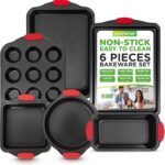 NutriChef 6-Piece Nonstick Bakeware Set - Carbon Steel Baking Tray Set w/ Heatsafe Red Silicone Handles, Oven Safe Up to 450°F, Loaf Muffin Round/Square Pans, Cookie Sheet, Baking Pan -NCSBS6S,Black - Image 2