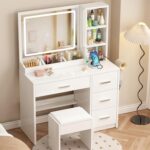 Vanity Desk with Mirror and Lights, 4 Drawers & Benches Vanity Desk Set, 3 Color Lighting Modes Adjustable Brightness Vanity for Bedroom Makeup Table - Image 6