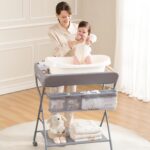 Baby Changing Table with Wheels, Maydolly Portable Adjustable Height Folding Diaper Station with Nursery Organizer & Storage Rack for Newborn Baby and Infant (Light Grey) - Image 4