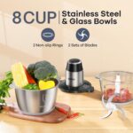 GANIZA Food Processors, Electric Food Chopper with Meat Grinder & Vegetable Chopper - 2 Bowls (8 Cup+8 Cup) with Powerful 450W Copper Motor - Includes 2 Sets of Bi-Level Blades for Fruits/Meat/Nuts - Image 3
