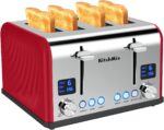 Toaster 4 Slice, KitchMix Bagel Stainless Toaster with LCD Timer, Extra Wide Slots, Dual Screen, Removal Crumb Tray (Red) - Image 2